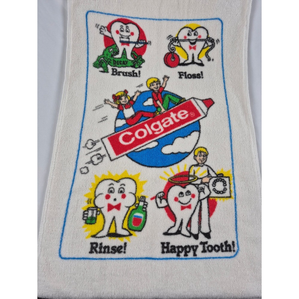 Vintage Colgate Toothpaste Advertising Towel Happy Tooth Dental Hygiene USA Ad